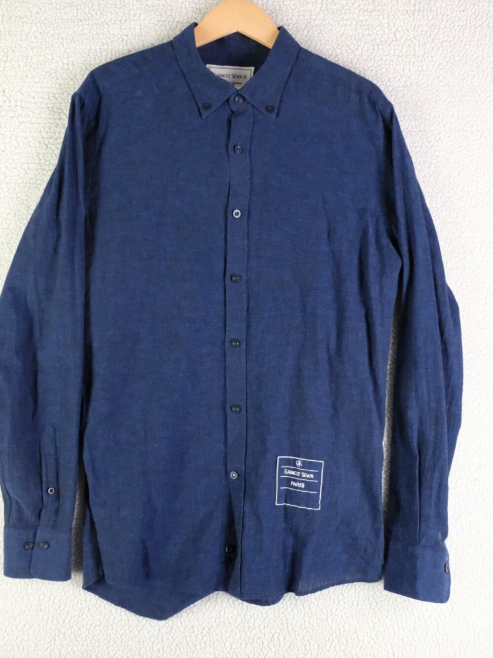 Earnest Sewn Shirt Mens Large Blue Button Down Cotton Linen Breathable Paris